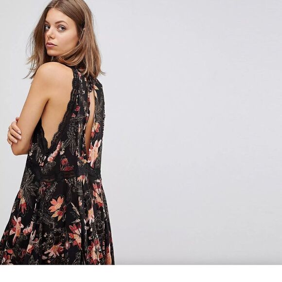 EUC Free People She Moves Black Floral Boho Backless Dress Small - Picture 3 of 4